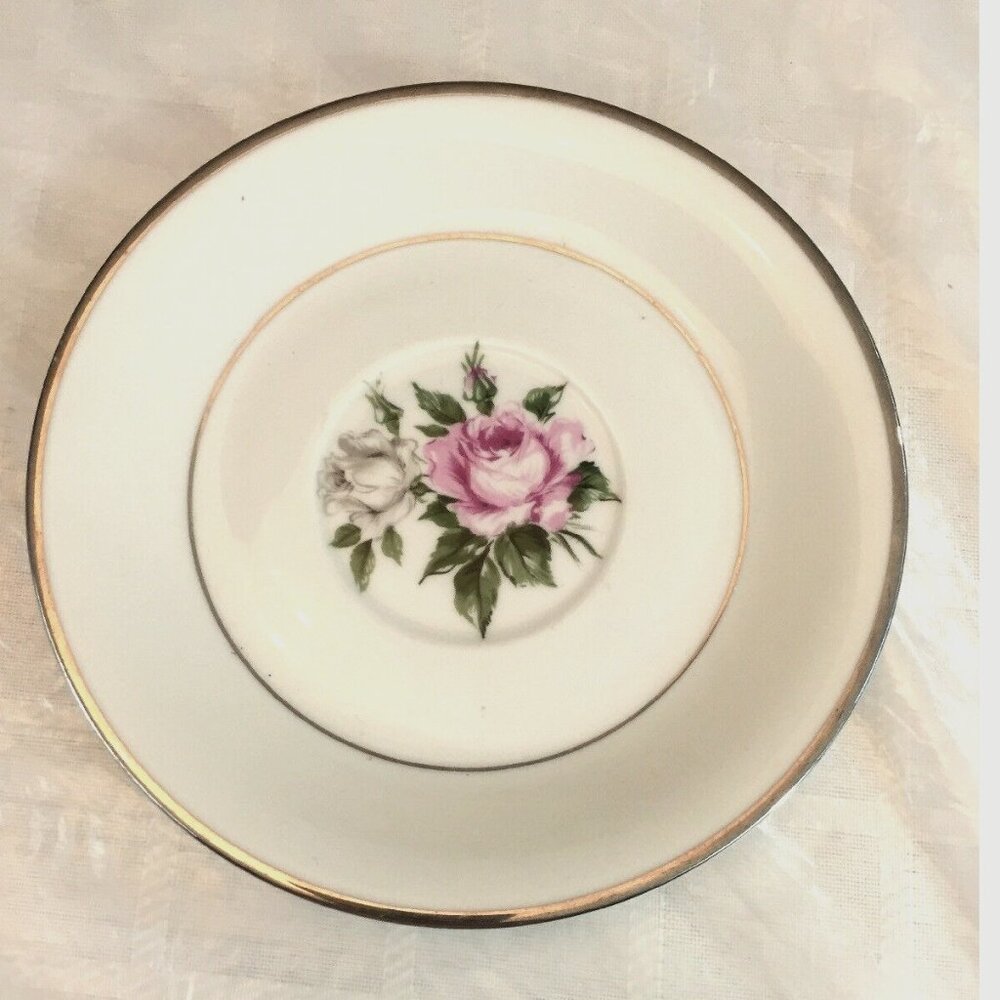 VTG 60s Royal Jackson Fine China Saucer Pink Rose Floral Silver Trim Cottagecore